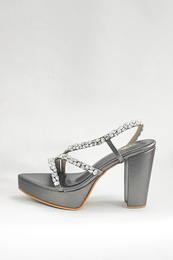 Gunmetal Grey Faux Leather Rhinestone Embellished Platform Block