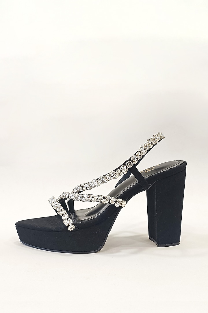Black Faux Leather Rhinestone Embellished Platform Block Heels by The Alter at Pernia's Pop Up Shop