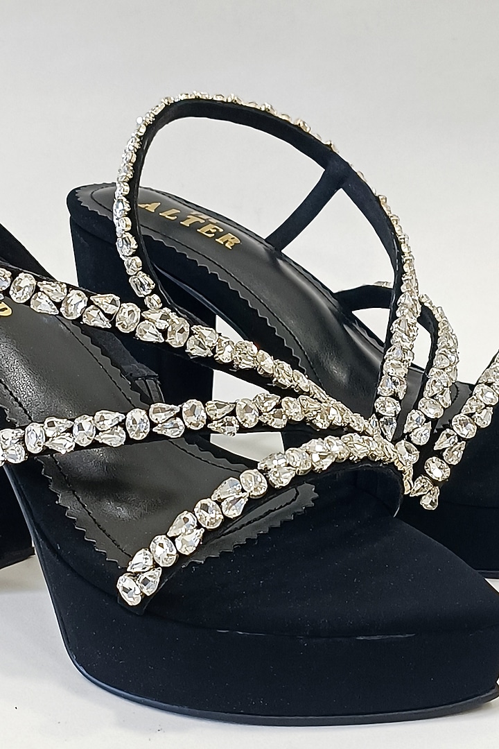 Black Faux Leather Rhinestone Embellished Platform Block Heels by The Alter at Pernia's Pop Up Shop