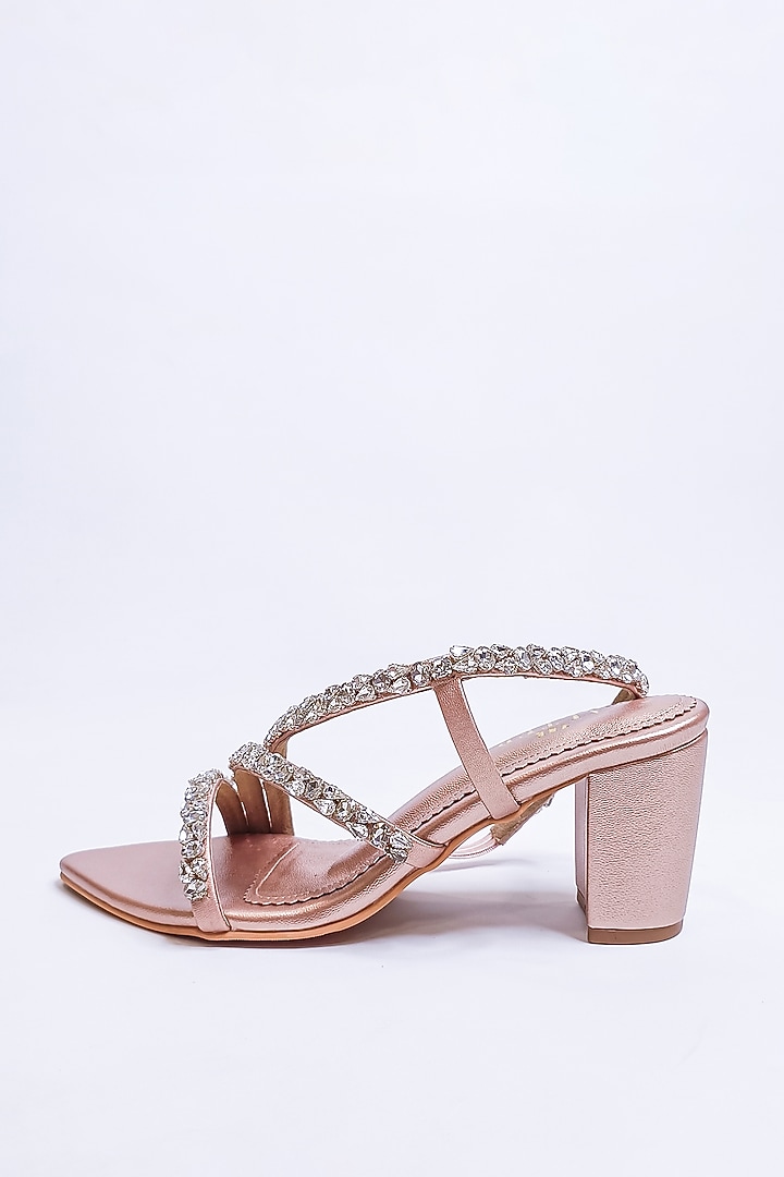 Matte Rose Gold Faux Leather Rhinestone Embellished Block Heels by The Alter at Pernia's Pop Up Shop