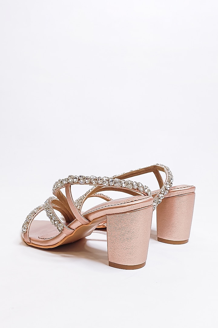Matte Rose Gold Faux Leather Rhinestone Embellished Block Heels by The Alter at Pernia's Pop Up Shop