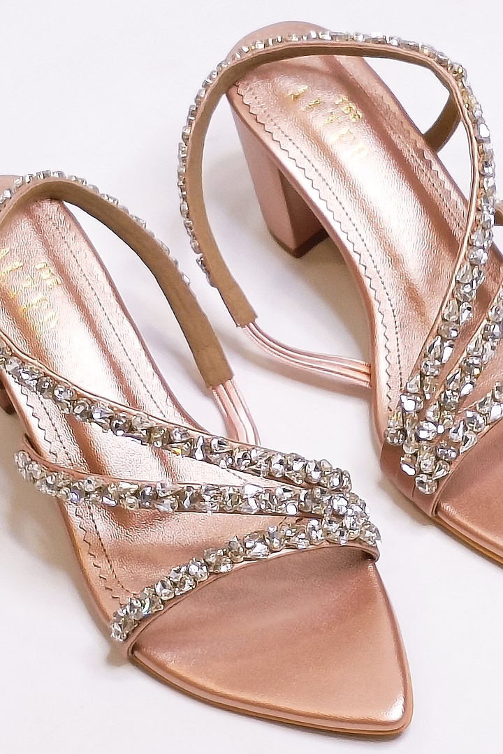 Matte Rose Gold Faux Leather Rhinestone Embellished Block Heels by The Alter at Pernia's Pop Up Shop