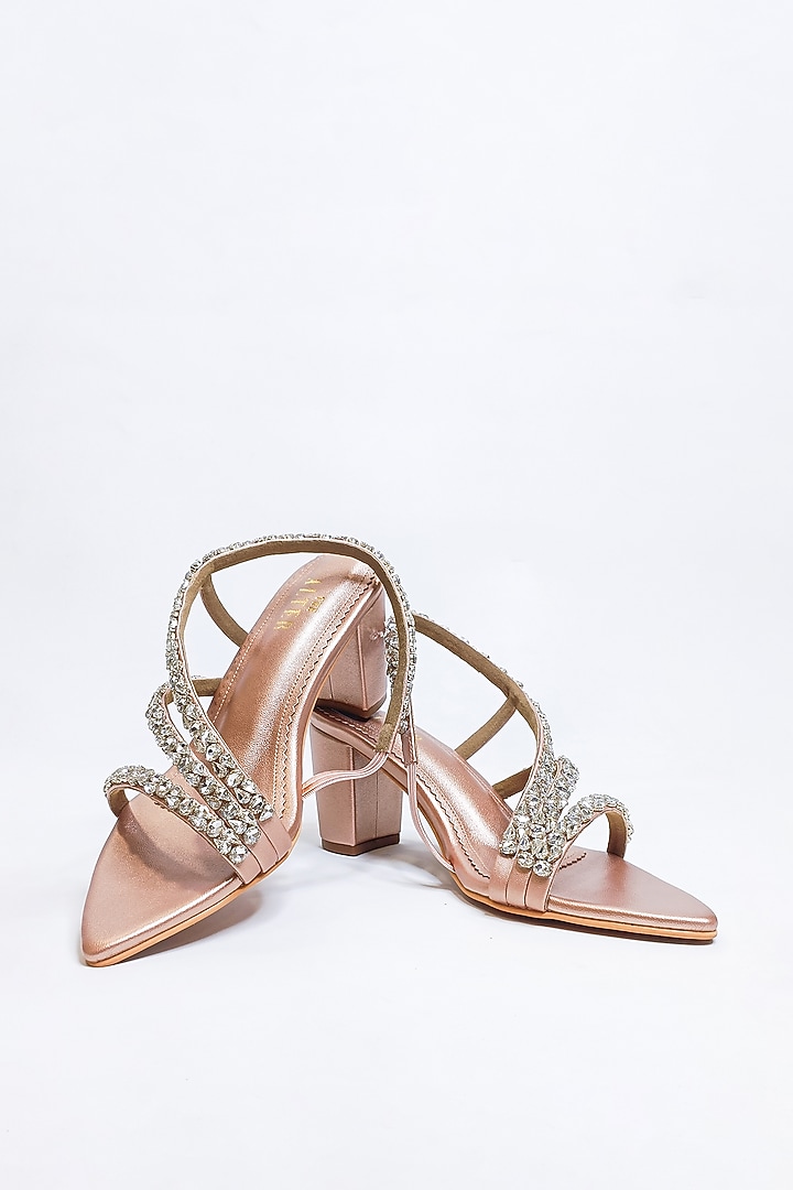 Matte Rose Gold Faux Leather Rhinestone Embellished Block Heels by The Alter at Pernia's Pop Up Shop