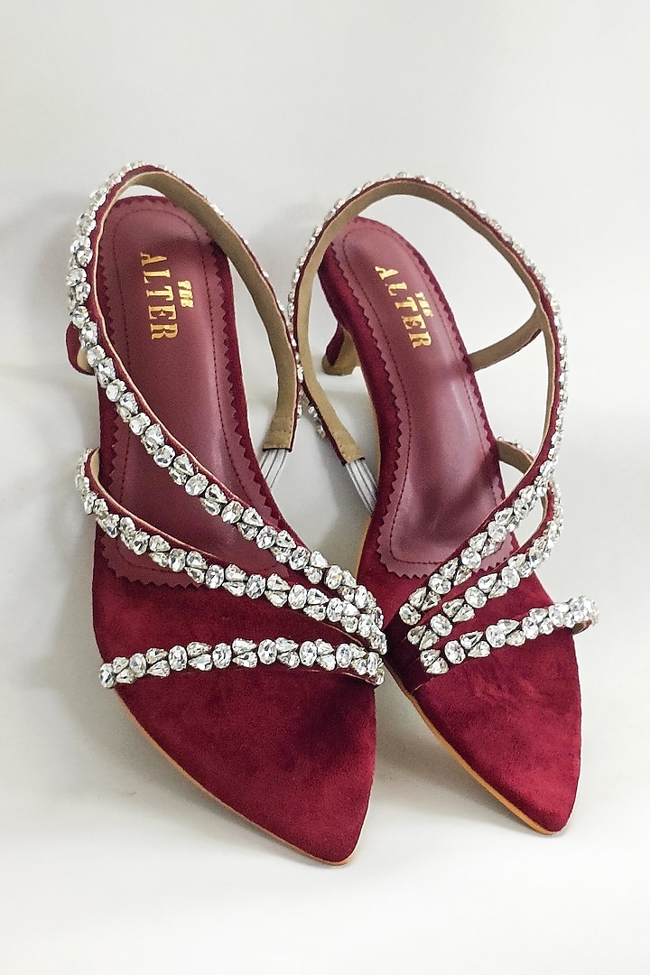 Maroon Faux Leather Rhinestone Embellished Kitten Heels by The Alter