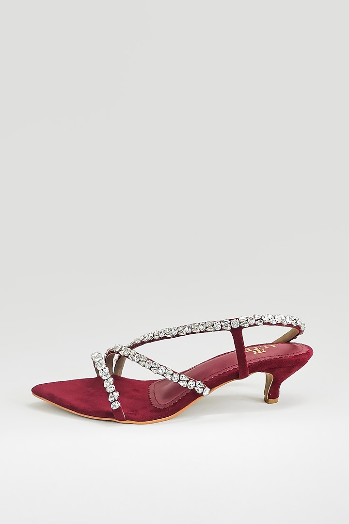 Maroon Faux Leather Rhinestone Embellished Kitten Heels by The Alter at Pernia's Pop Up Shop