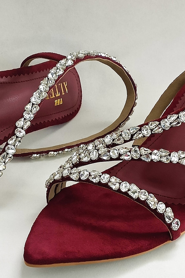Maroon Faux Leather Rhinestone Embellished Kitten Heels by The Alter at Pernia's Pop Up Shop