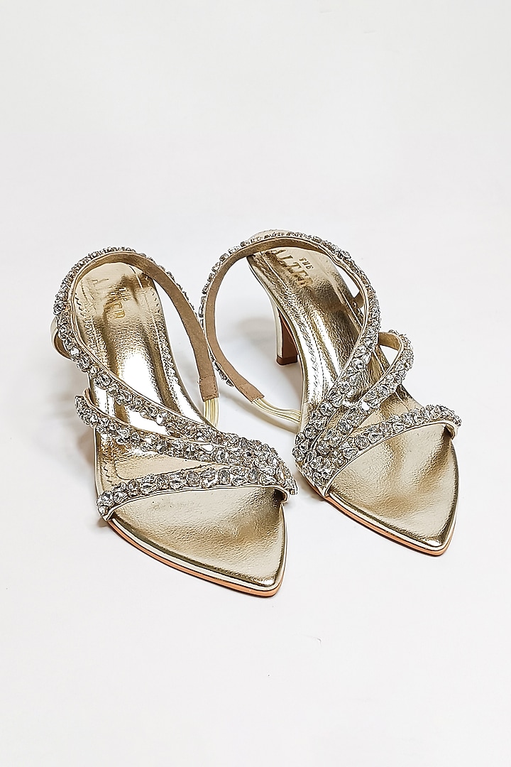 Gold Faux Leather Rhinestone Embellished Kitten Heels by The Alter at Pernia's Pop Up Shop