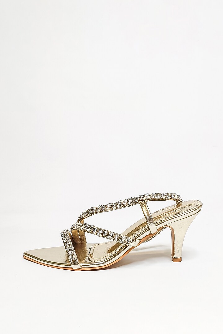 Gold Faux Leather Rhinestone Embellished Kitten Heels by The Alter at Pernia's Pop Up Shop