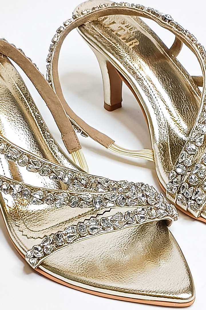 Gold Faux Leather Rhinestone Embellished Kitten Heels by The Alter at Pernia's Pop Up Shop