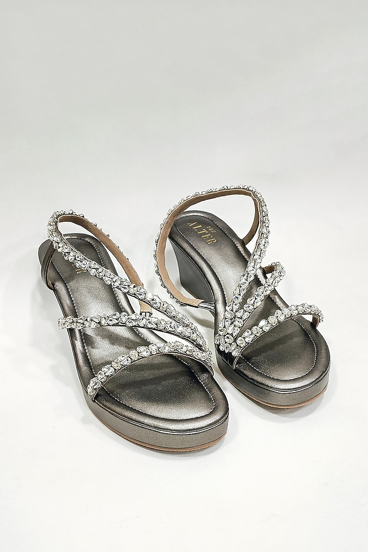 Gunmetal Grey Faux Leather Rhinestone Embellished Wedges by The Alter