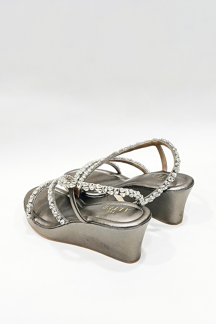 Gunmetal Grey Faux Leather Rhinestone Embellished Wedges by The Alter at Pernia's Pop Up Shop