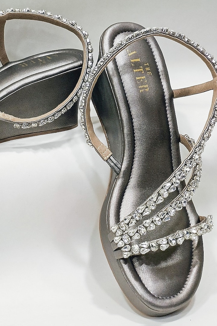 Gunmetal Grey Faux Leather Rhinestone Embellished Wedges by The Alter at Pernia's Pop Up Shop
