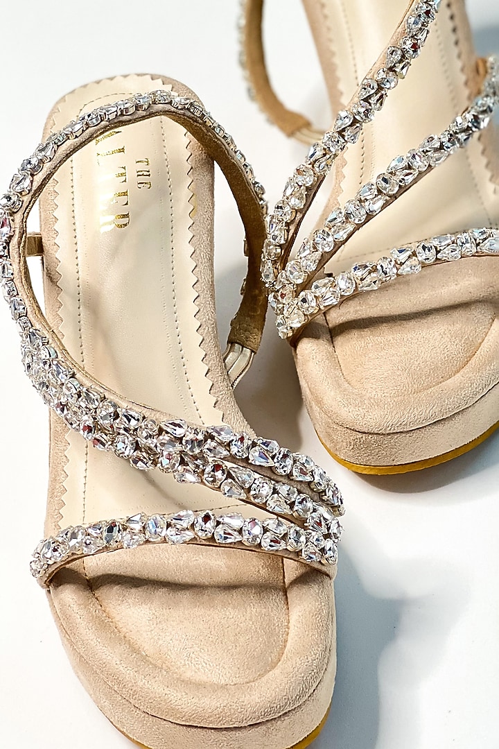 Beige Faux Leather Rhinestone Embellished Wedges by The Alter at Pernia's Pop Up Shop