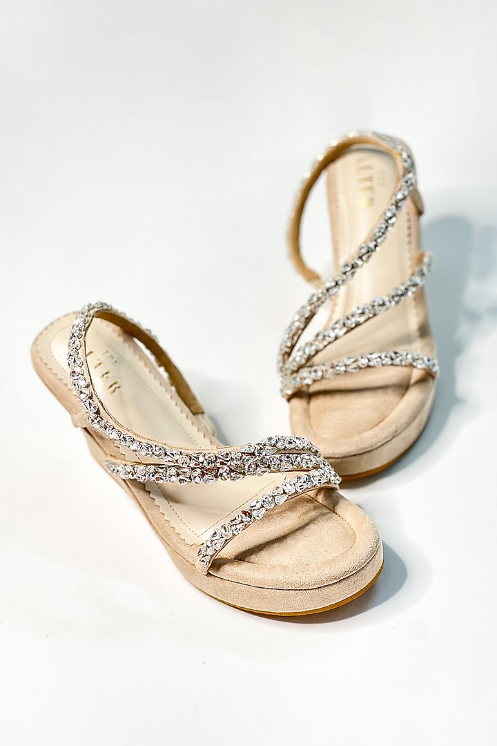 Beige Faux Leather Rhinestone Embellished Wedges by The Alter at Pernia's Pop Up Shop