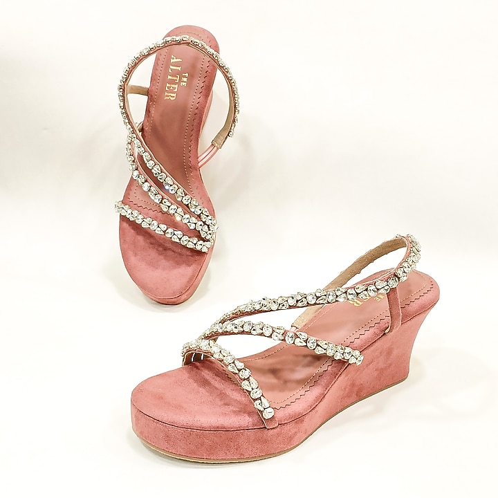 Blush Pink Faux Leather Rhinestone Embellished Wedges by The Alter at Pernia's Pop Up Shop