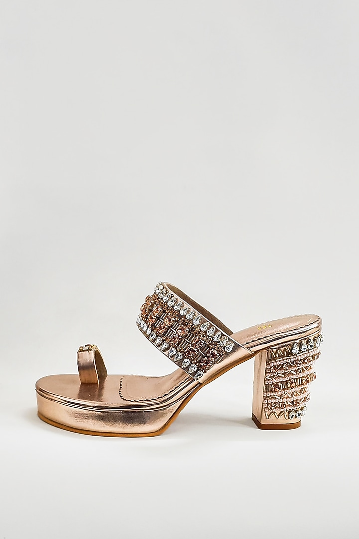 Rose Gold Faux Leather Rhinestone Embellished Block Heels by The Alter at Pernia's Pop Up Shop