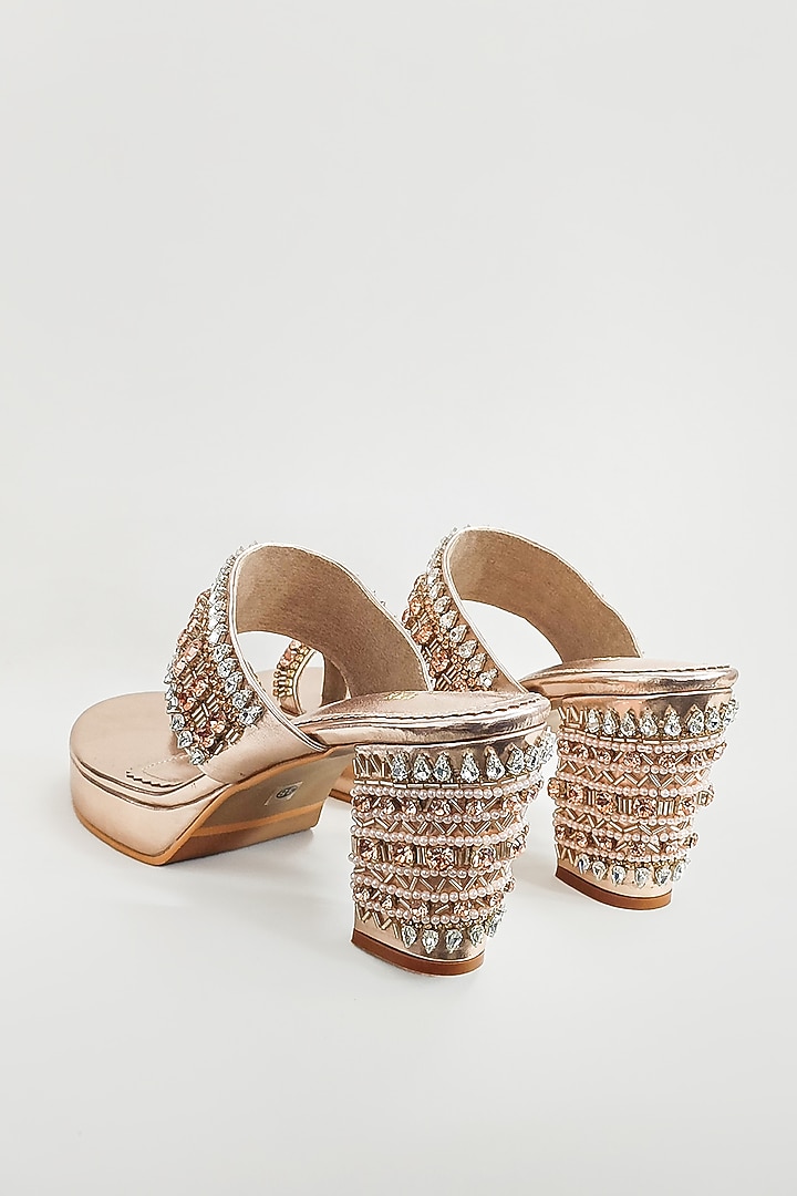 Rose Gold Faux Leather Rhinestone Embellished Block Heels by The Alter at Pernia's Pop Up Shop