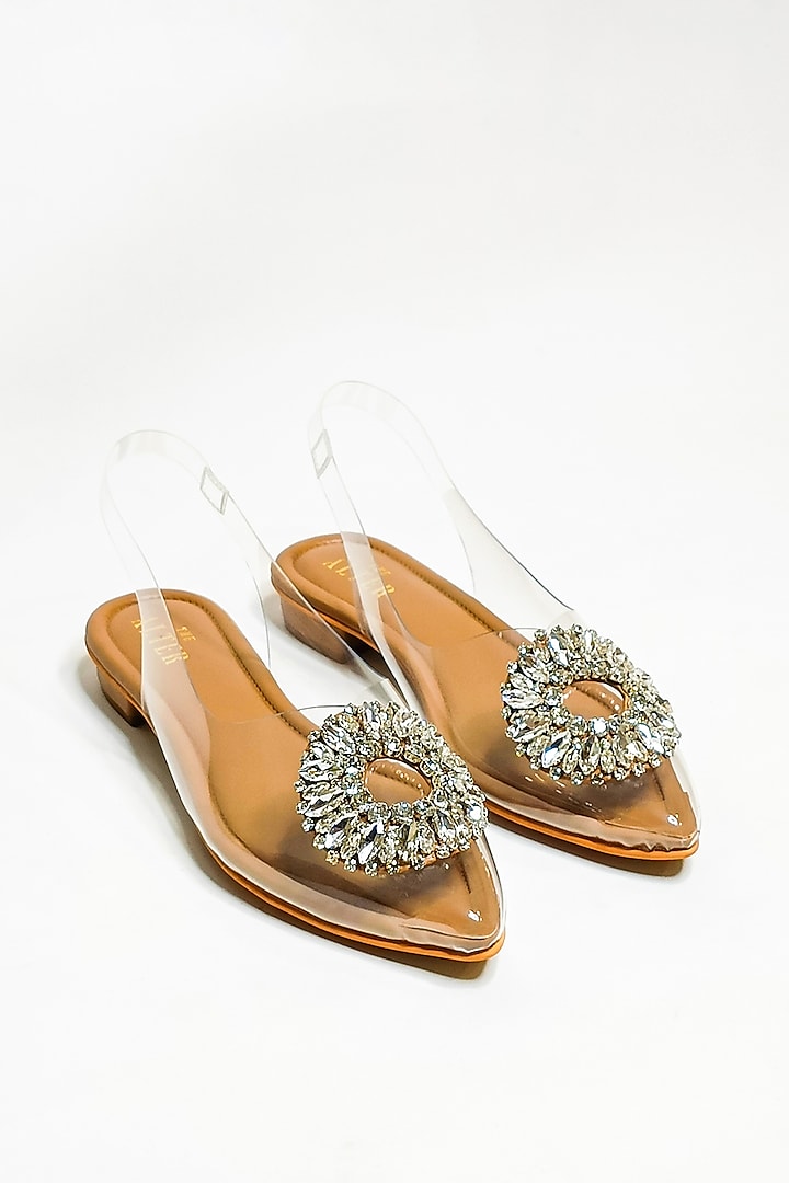 Beige Faux Leather Rhinestone Embellished Transparent Flats by The Alter