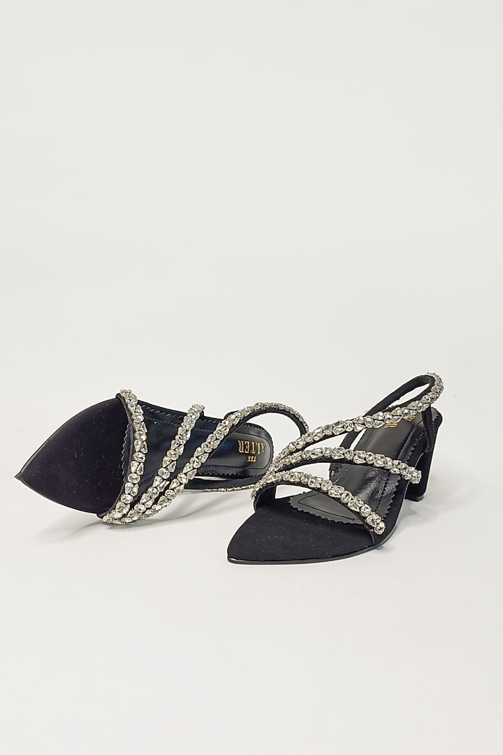 Black Faux Leather Rhinestone Embellished Block Heels by The Alter at Pernia's Pop Up Shop