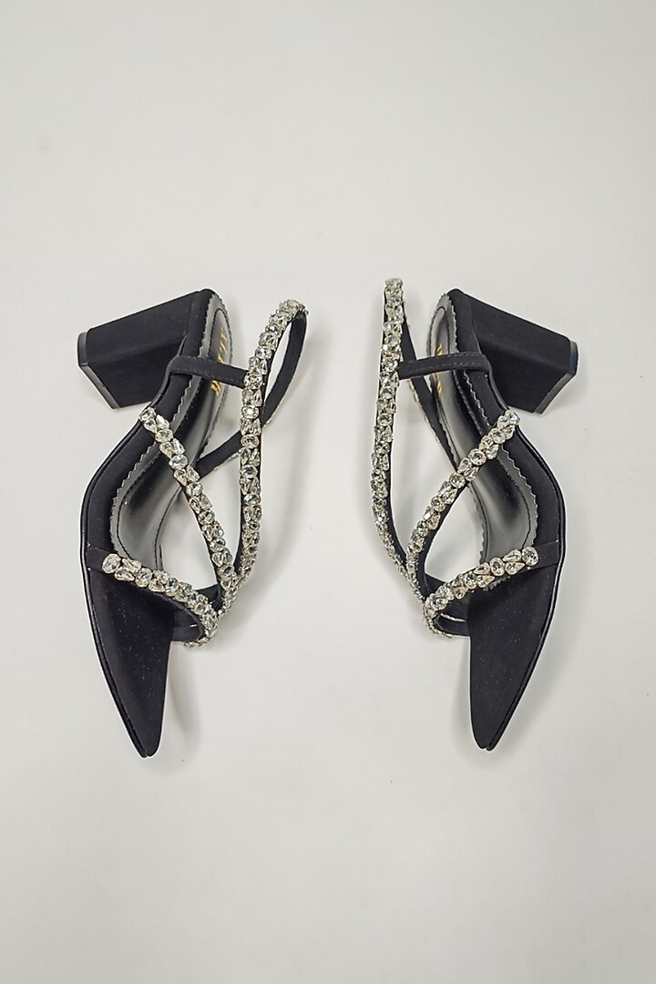 Black Faux Leather Rhinestone Embellished Block Heels by The Alter at Pernia's Pop Up Shop