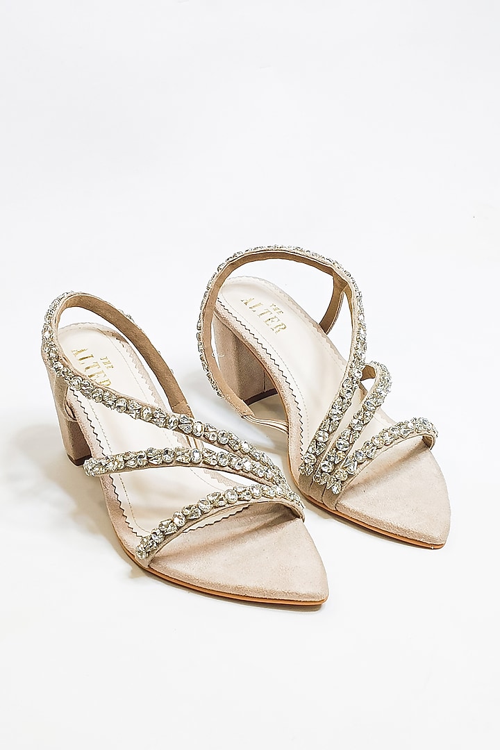 Beige Faux Leather Rhinestone Embellished Block Heels by The Alter