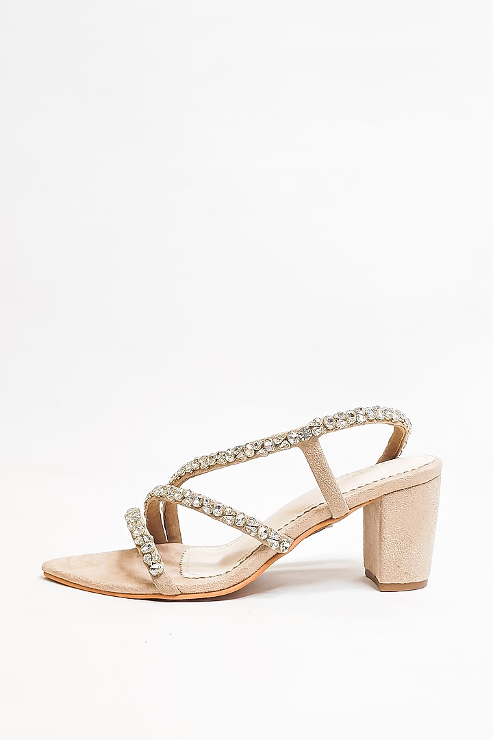 Beige Faux Leather Rhinestone Embellished Block Heels by The Alter at Pernia's Pop Up Shop