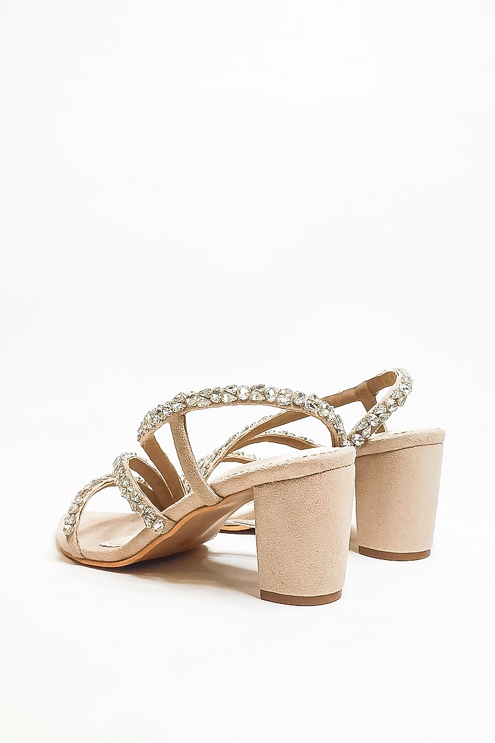 Beige Faux Leather Rhinestone Embellished Block Heels by The Alter at Pernia's Pop Up Shop