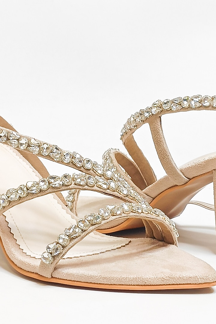 Beige Faux Leather Rhinestone Embellished Block Heels by The Alter at Pernia's Pop Up Shop