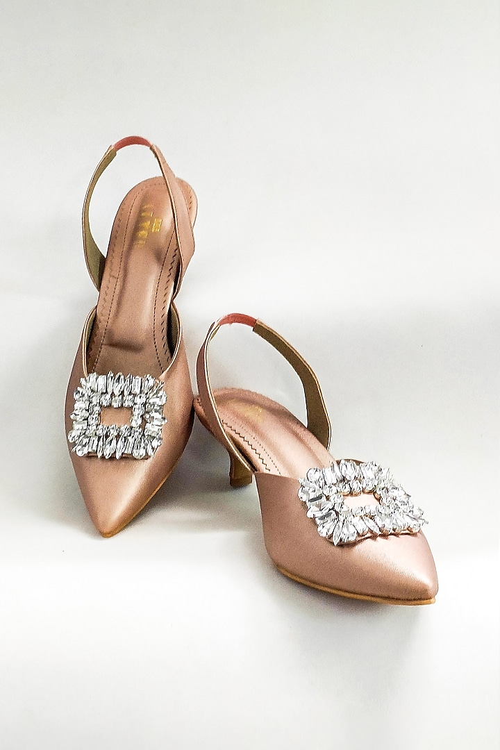 Matte Rose Gold Faux Leather Rhinestone Embellished Kitten Heels by The Alter