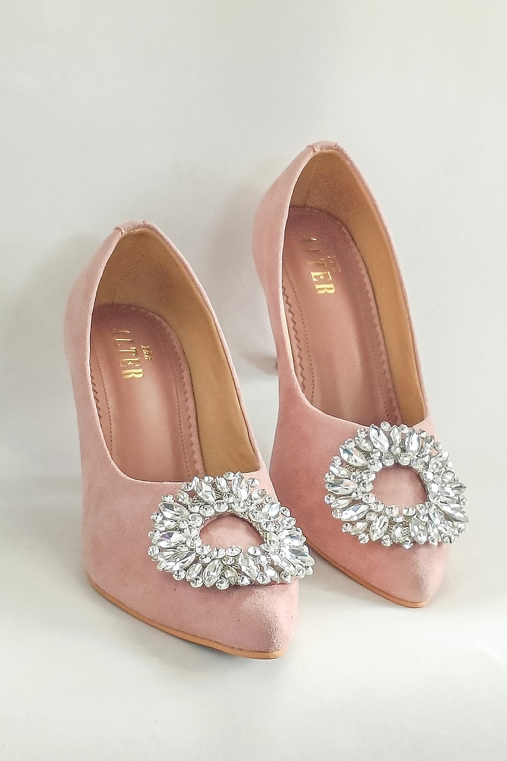 Baby Pink Faux Leather Rhinestone Embellished Pumps by The Alter