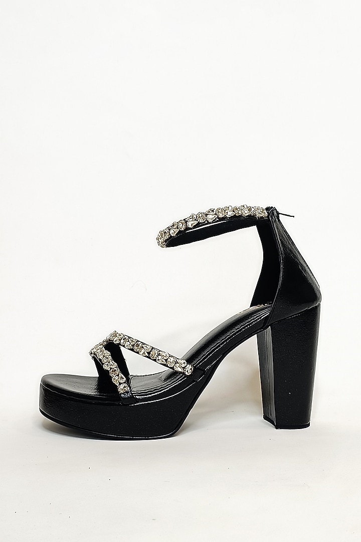 Black Faux Leather Rhinestone Embellished Platform Block Heels by The Alter at Pernia's Pop Up Shop