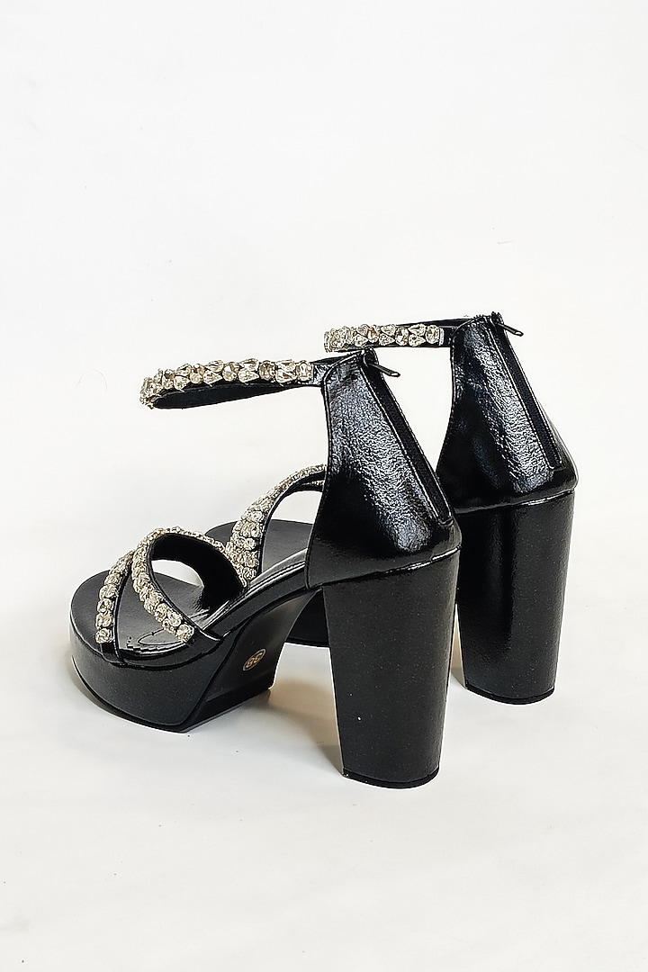 Black Faux Leather Rhinestone Embellished Platform Block Heels by The Alter at Pernia's Pop Up Shop