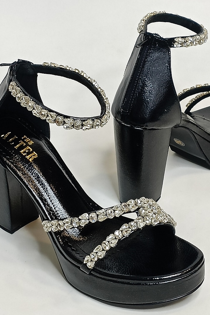 Black Faux Leather Rhinestone Embellished Platform Block Heels by The Alter at Pernia's Pop Up Shop