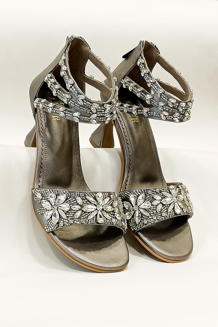 Gunmetal Grey Faux Leather Rhinestone Embellished Heels by The Alter