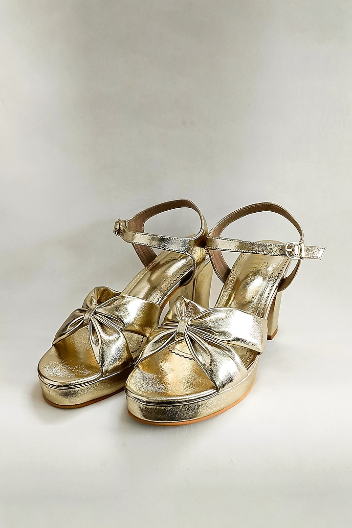 Gold Faux Leather Knotted Platform Block Heels by The Alter