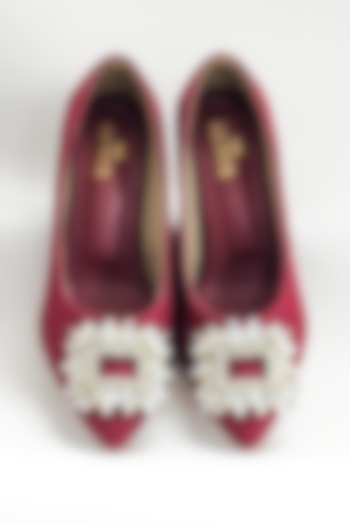 Maroon Suede Rhinestone Embellished Pointed Pumps by The Alter