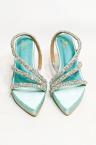 Sea Green Satin Rhinestone Embellished Platform Block Heels by The Alter