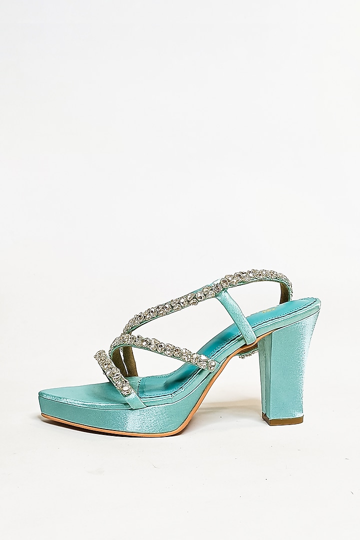 Sea Green Satin Rhinestone Embellished Platform Block Heels by The Alter at Pernia's Pop Up Shop