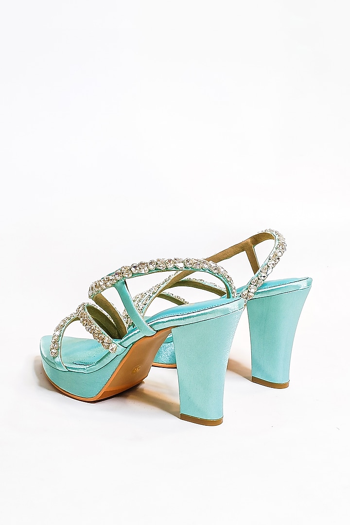 Sea Green Satin Rhinestone Embellished Platform Block Heels by The Alter at Pernia's Pop Up Shop
