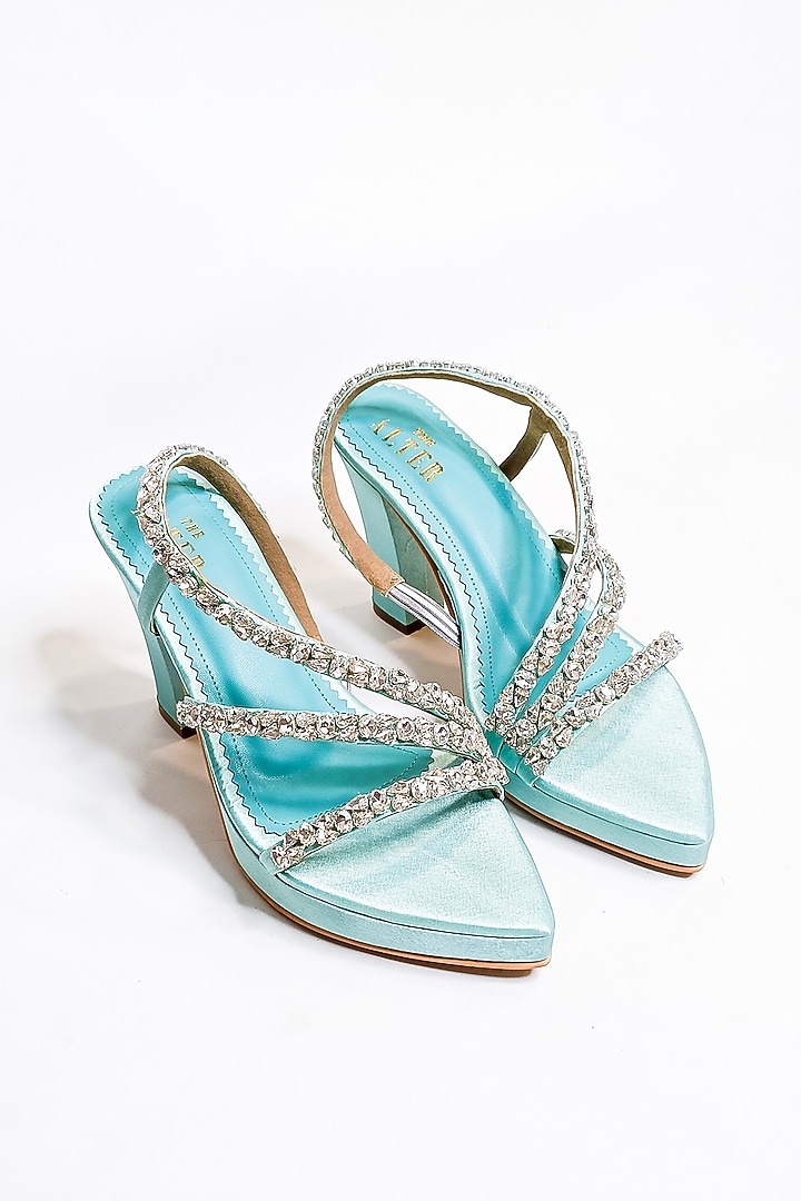 Sea Green Satin Rhinestone Embellished Platform Block Heels by The Alter at Pernia's Pop Up Shop