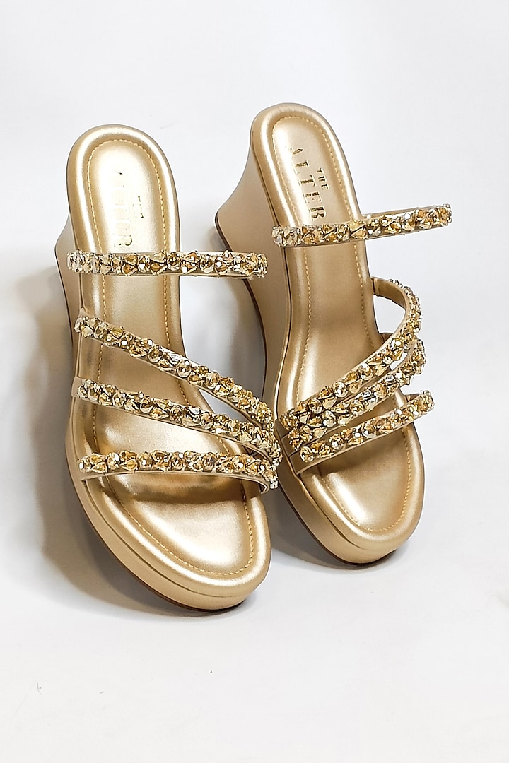 Gold Faux Leather Rhinestone Embellished Wedges by The Alter