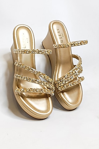 Gold Faux Leather Rhinestone Embellished Wedges by The Alter