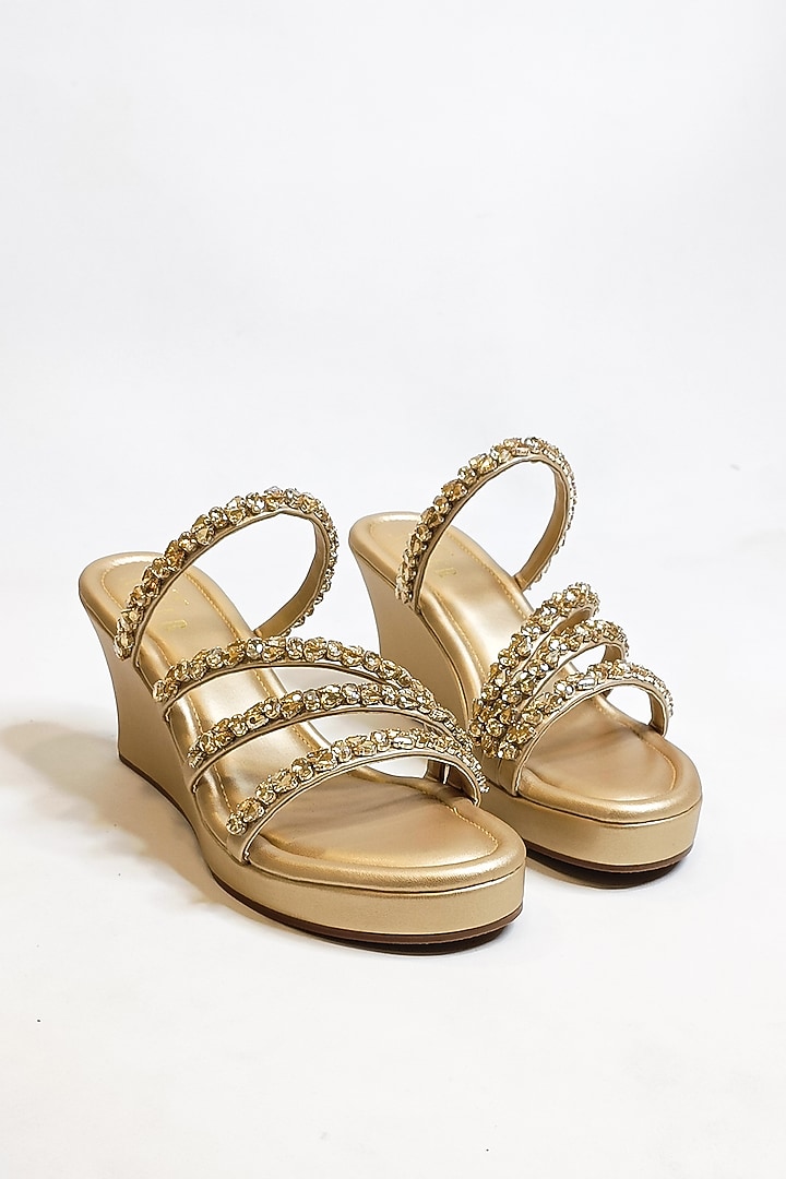 Gold Faux Leather Rhinestone Embellished Wedges by The Alter at Pernia's Pop Up Shop