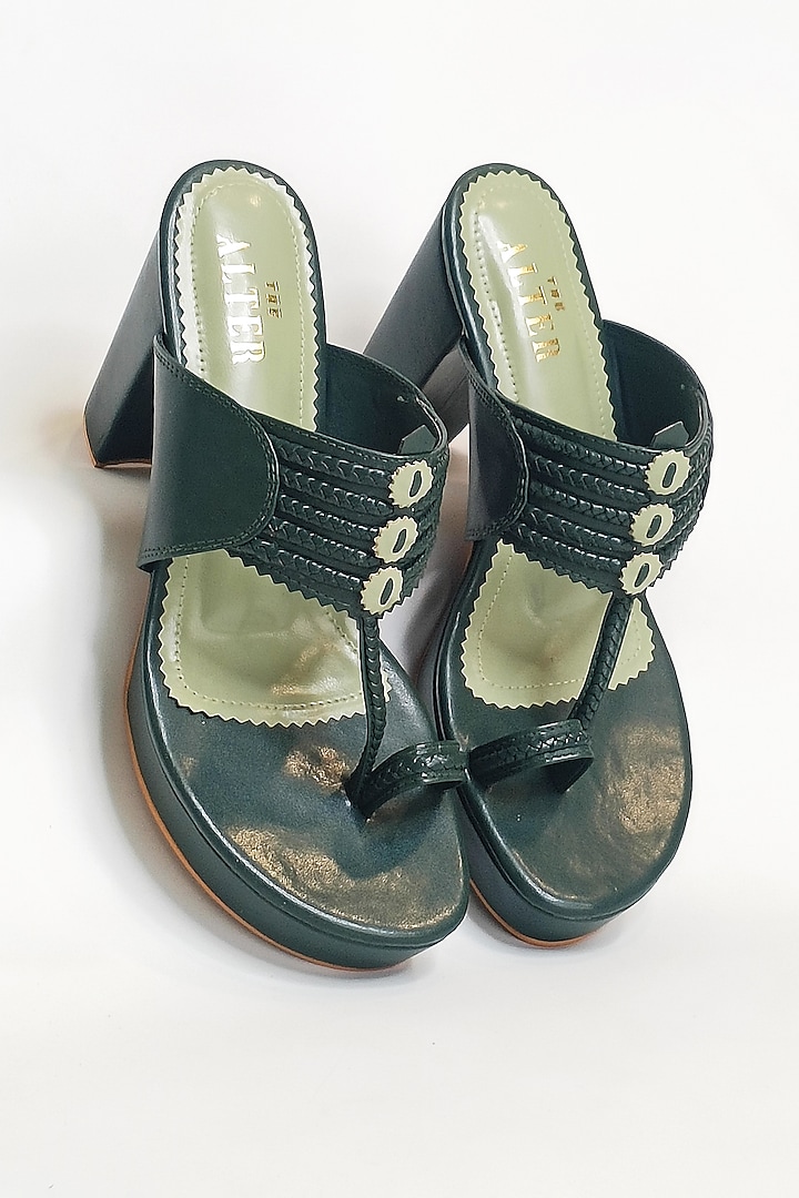 Bottle Green Faux Leather Kolhapuri Heels by The Alter