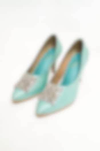 Sea Green Satin Rhinestone Embellished Pointed Pumps by The Alter