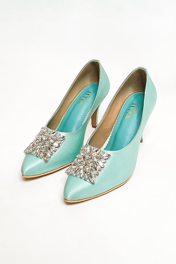Sea Green Satin Rhinestone Embellished Pointed Pumps by The Alter