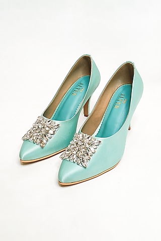 Sea Green Satin Rhinestone Embellished Pointed Pumps by The Alter
