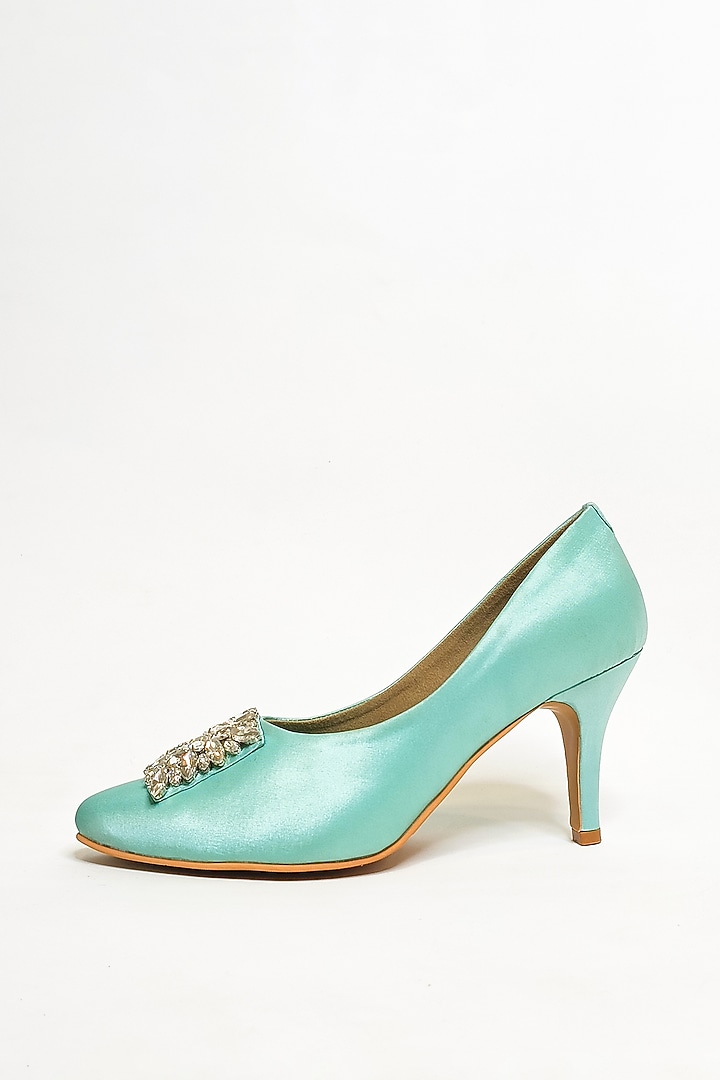 Sea Green Satin Rhinestone Embellished Pointed Pumps by The Alter at Pernia's Pop Up Shop