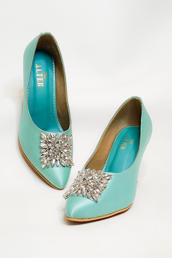 Sea Green Satin Rhinestone Embellished Pointed Pumps by The Alter at Pernia's Pop Up Shop
