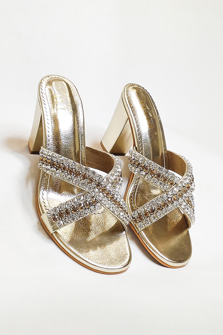 Gold Faux Leather Rhinestone Embellished Block Heels by The Alter